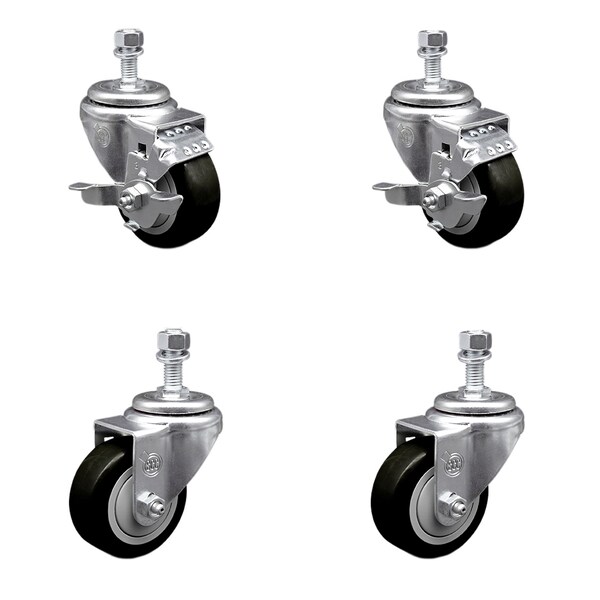 Service Caster 3.5 Inch SS Black Polyurethane Swivel 1/2 Inch Threaded Stem Caster Brakes, 2PK SSTS20S3514-PPUB-BLK-TLB-121315-2-S2 - main